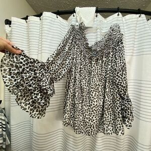 CeCe Black and White Animal Print Off-the-Shoulder Blouse